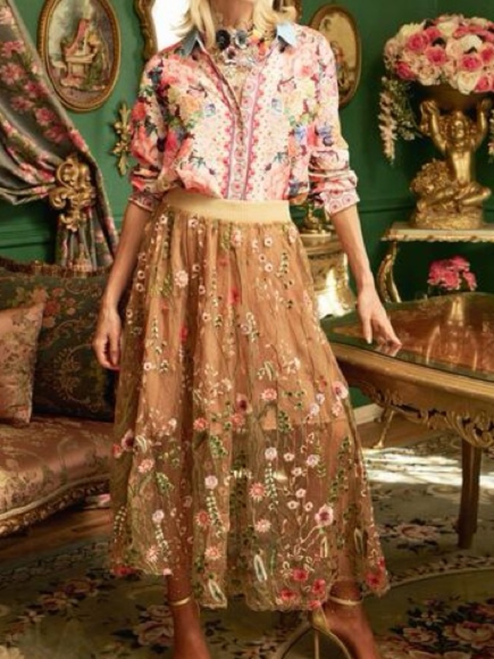Aratta Floral Embroidered Tulle Midi Skirt - Medium